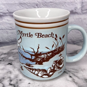 Vintage 80s Myrtle Beach Blue Brown Textured Beach Seashore Coffee Tea Mug Cup‎